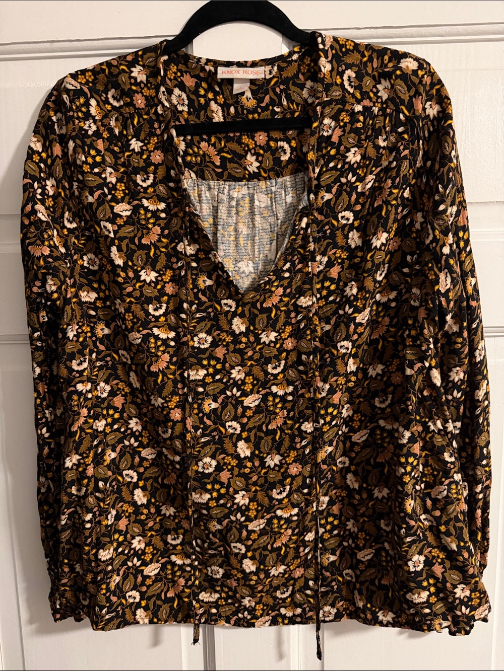 Knox Rose Black Floral V-Neck Long Sleeve Blouse with Mustard & Cream Accents